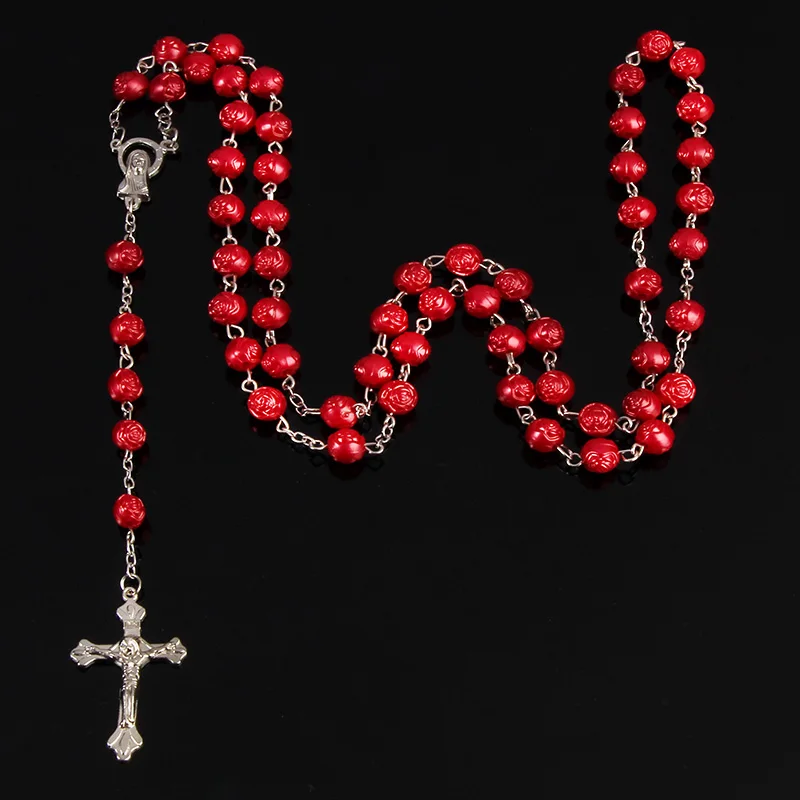 Религиозное ожерелье из розового креста Фатима с кристаллами. четки