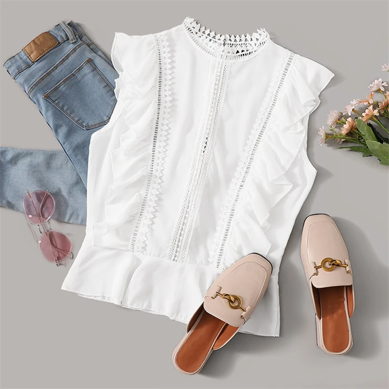SHEIN Boho Белый Кружевной топ с баской и рюшами на пуговицах сзади, однотонная кружевная блузка с коротким рукавом, женская блузка с воротником-стойкой, летняя рабочая одежда, блузки
