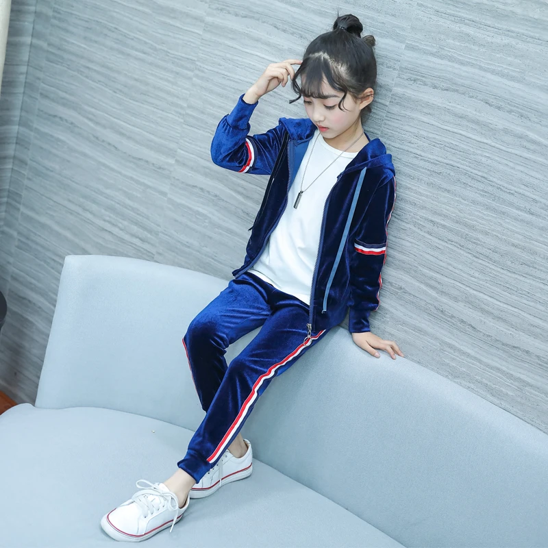 2019 новых девочек Осень наряд Детская мода сращены золото бархат спортивный