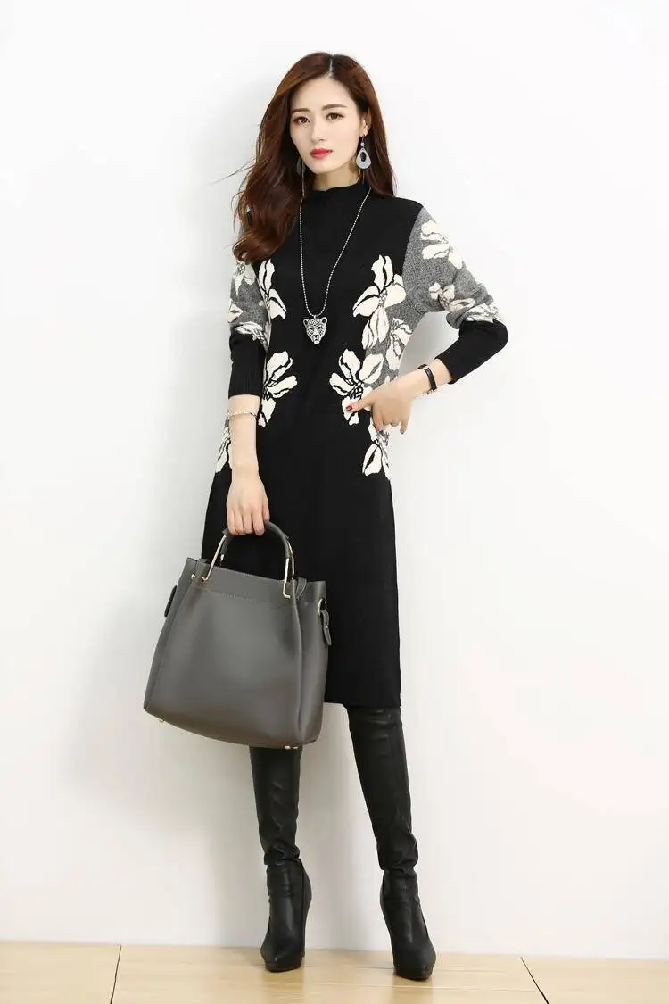 Осенне зимнее Новое плотное бархатное платье с принтом и высоким