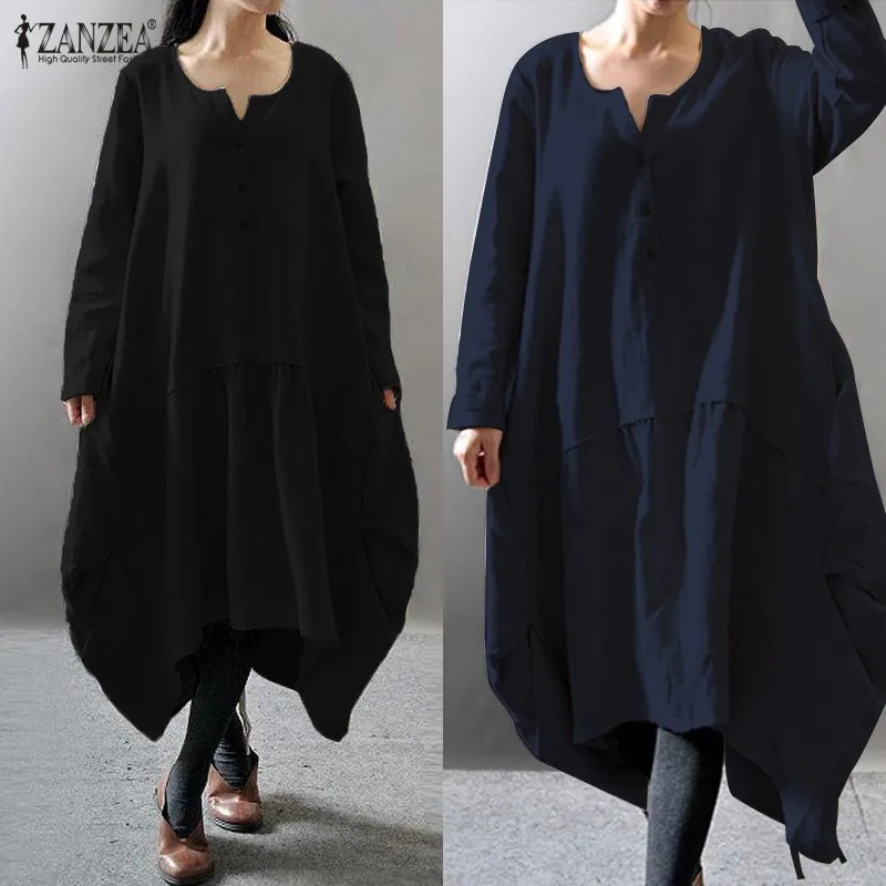ZANZEA, женское асимметричное платье, винтажное, льняное, длинное, Vestidos, женское, с круглым вырезом, с длинным рукавом, на пуговицах, одноцветное, мешковатое платье размера плюс