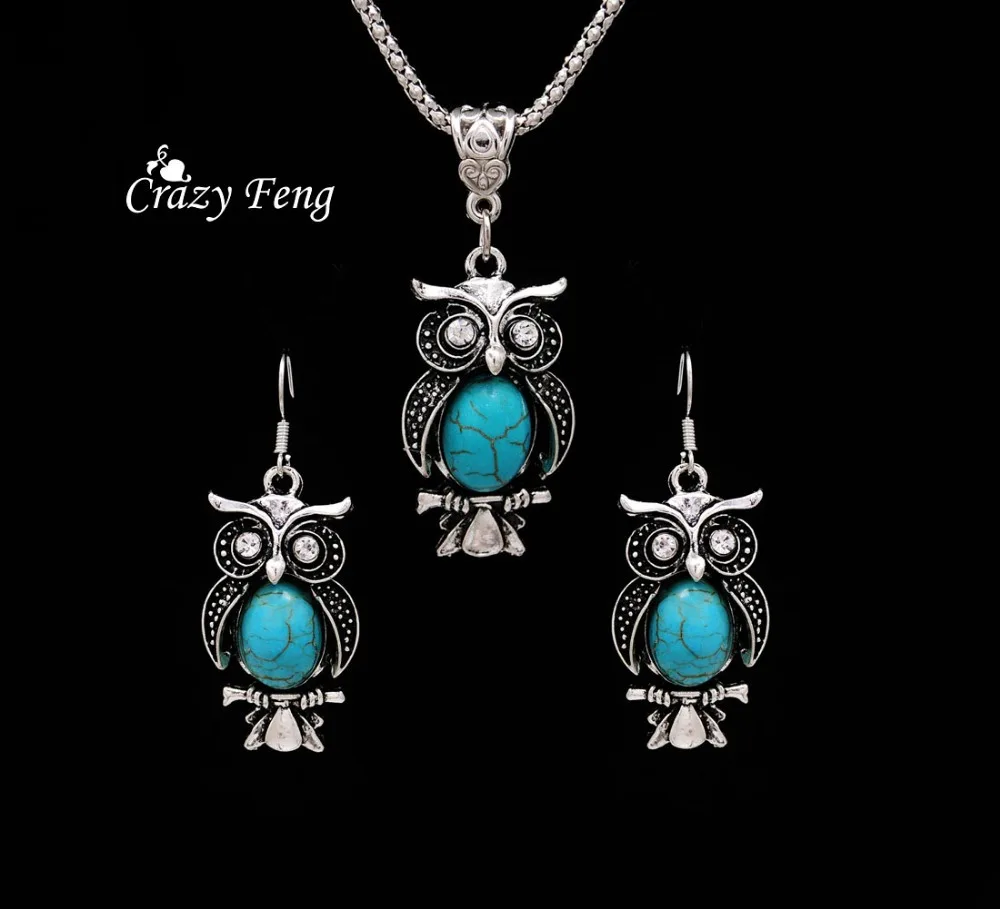 Сова Ювелирные Наборы Тибетский серебристый цвет ретро камень кулон ожерелье