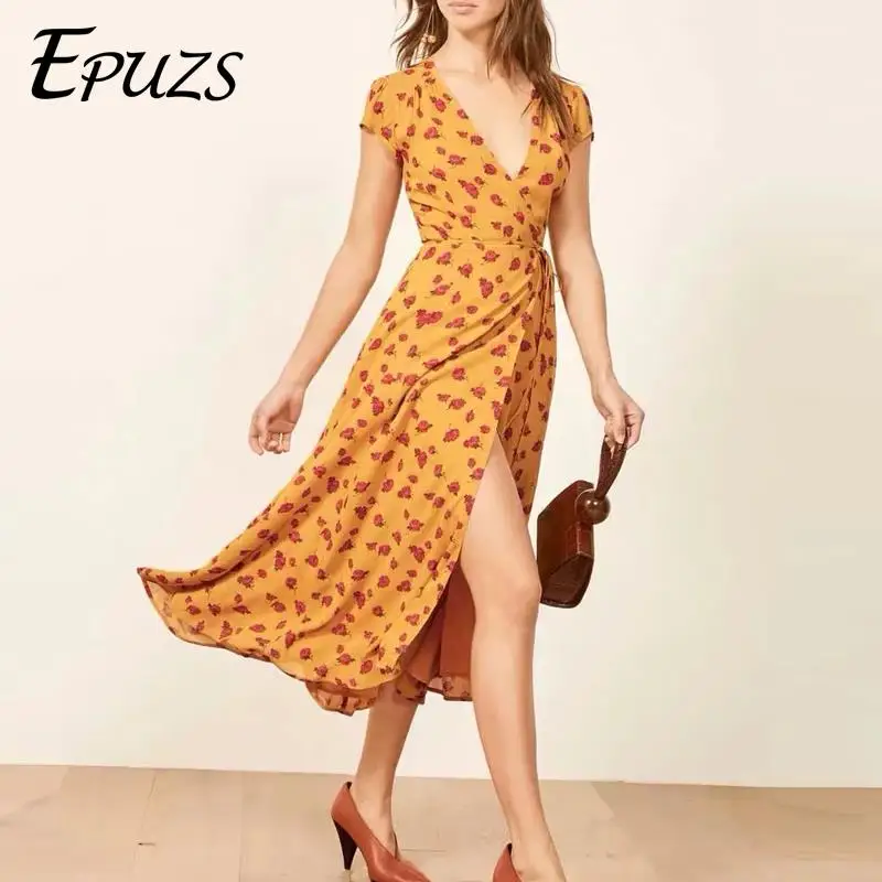 Женское винтажное шифоновое платье миди элегантное пляжное в стиле бохо с
