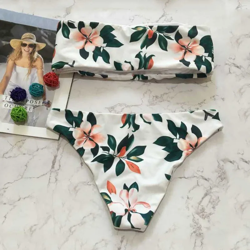Sexy Bandeau Bikini 2018 Women Floral Printed Swimwear Tube Top Bathing Suit Low Waist Swimsuit Strapless Set Beach Wear |