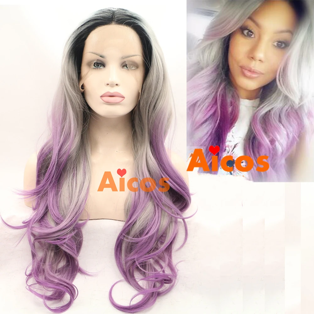 Ombre Серый Bodywave Синтетический Парик Фронта Шнурка Glueless Длинные Натуральный