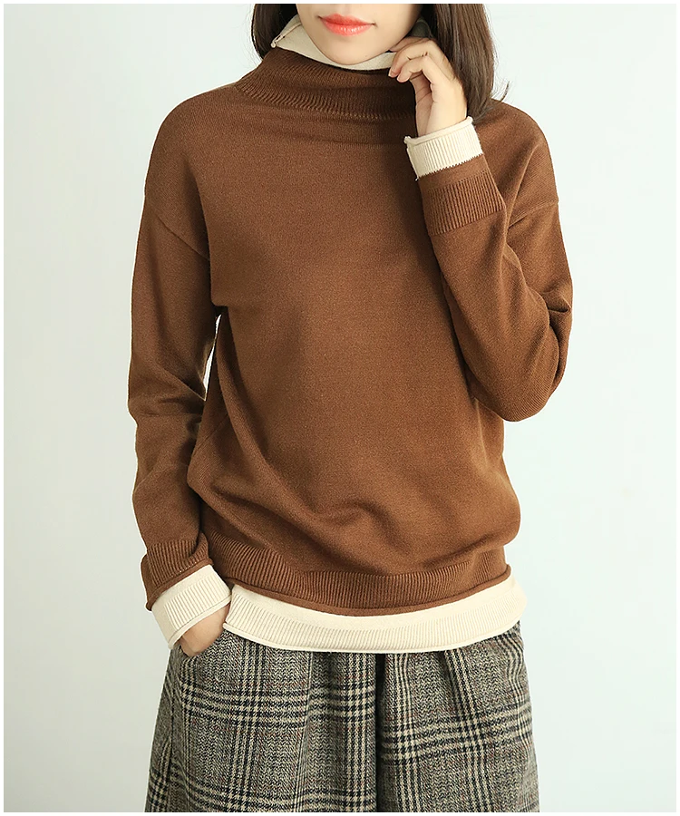 Retro hit color patchwork Fake two pieces pullover sweater Female | Женская одежда