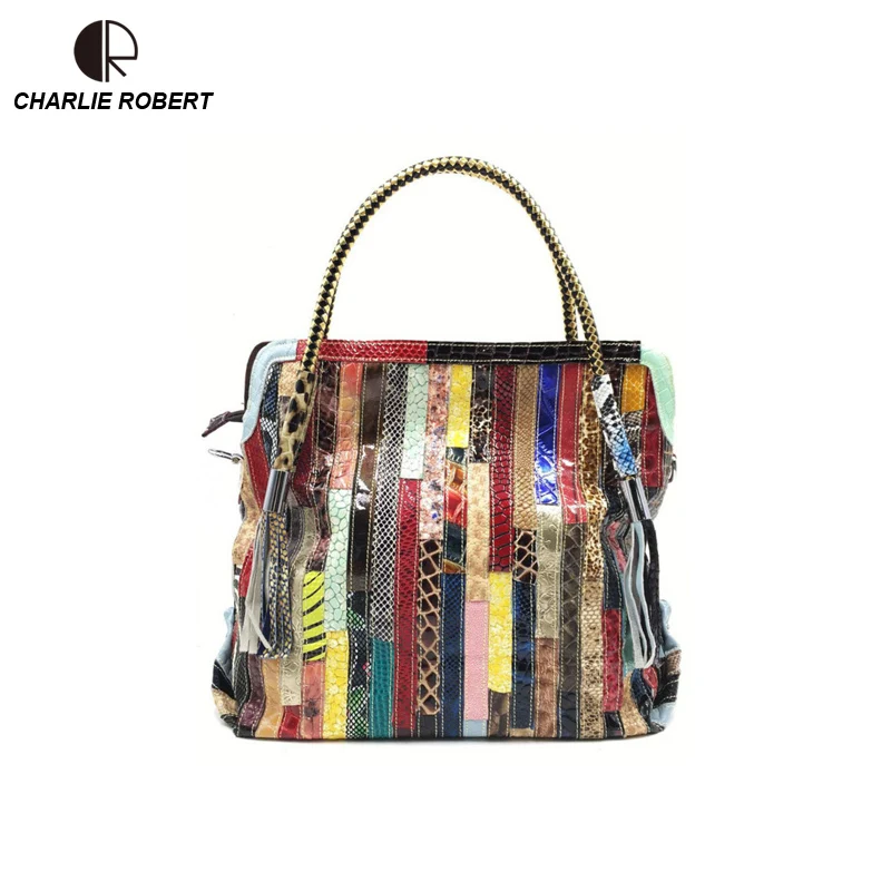 

New Hot Luxury Handbags Women Bags Cow Leather Patchwork Random Women Lady Casual Tote Zipper Fashion Top-Handle Bags