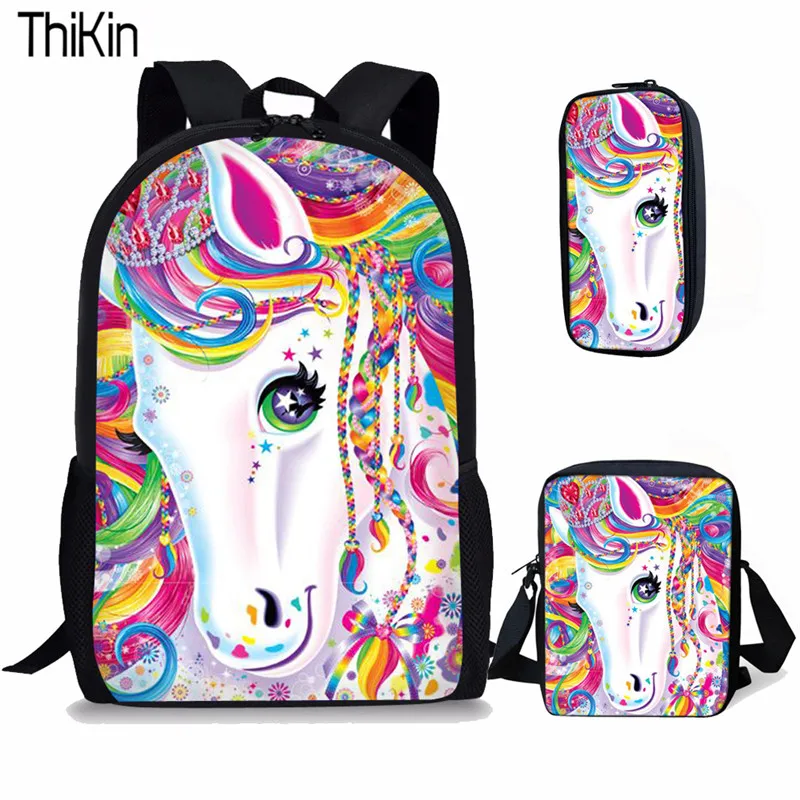 THIKIN 3 шт./компл. Kawaii Радуга Единорог печати школьные сумки для детей Карандаш Чехол для девочек большой Ёмкость книжные сумки через плечо сумка-портфель