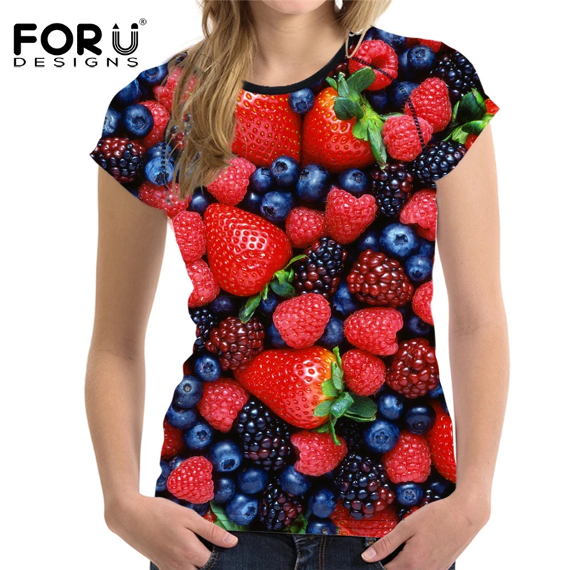 FORUDESIGNS/ летняя футболка, женские топы, футболки с 3D принтом клубники, забавная футболка, повседневные футболки для молодых девушек, футболки красного цвета XXL