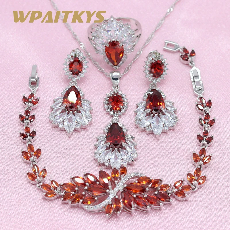 

4 Colors White Red Blue Green Crystal Silver Color Jewelry Sets Earring For Women Pendant Necklace Ring Bracelet Free Gift Box