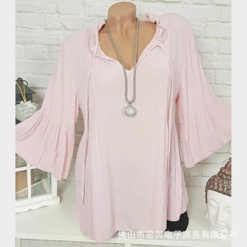 Large size women's shirt 2019 autumn Blouse solid color lotus leaf collar seven-point sleeve black 4XL 5XL |