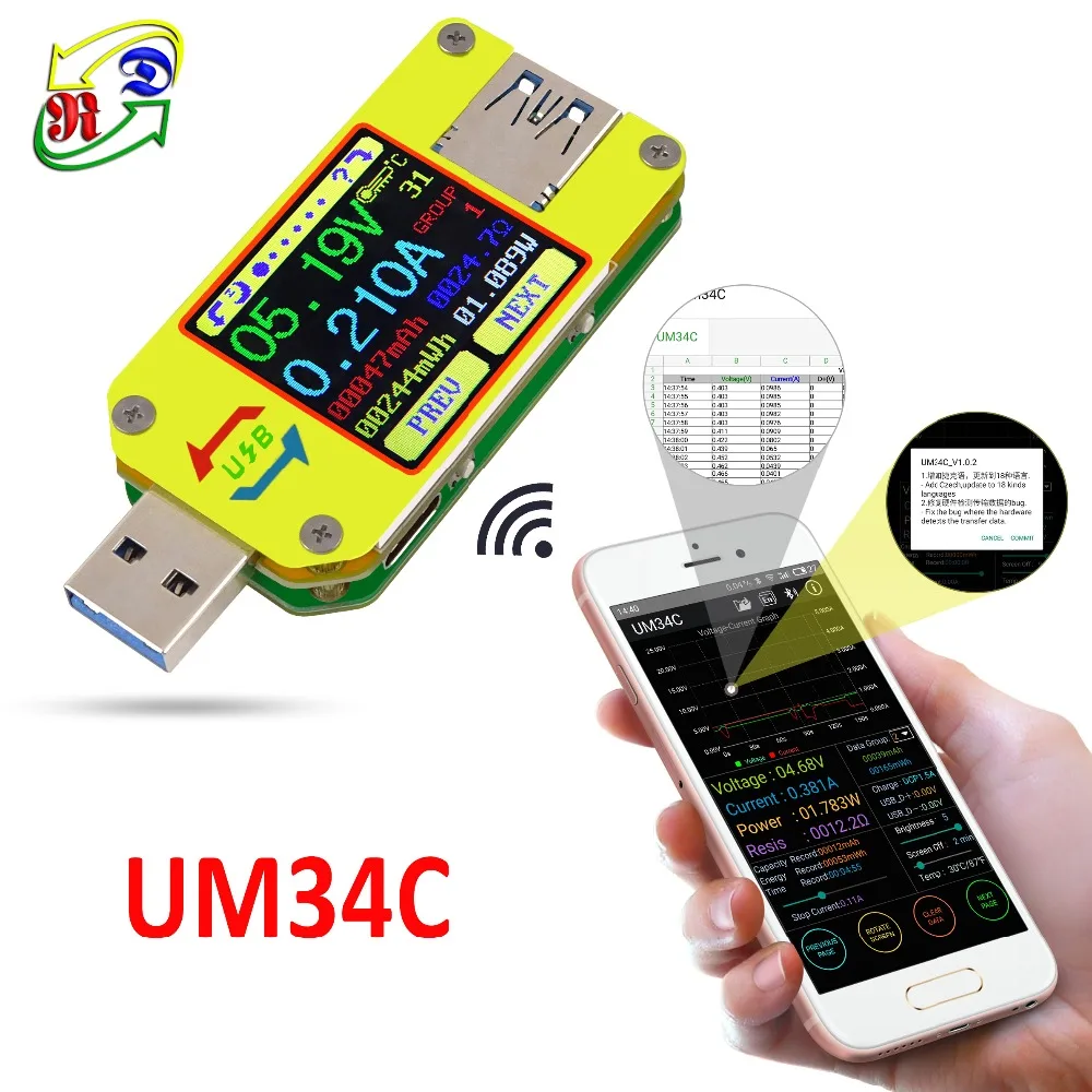 Кабель RD UM34 UM34C para APP USB 3 0 tipo C DC amperimetro voltimetro metro del voltaje de corriente carga la bateria.