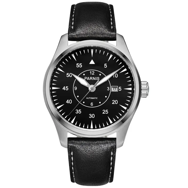 Мужские светящиеся кожаные часы Parnis Pilot IIN series модные автоматические