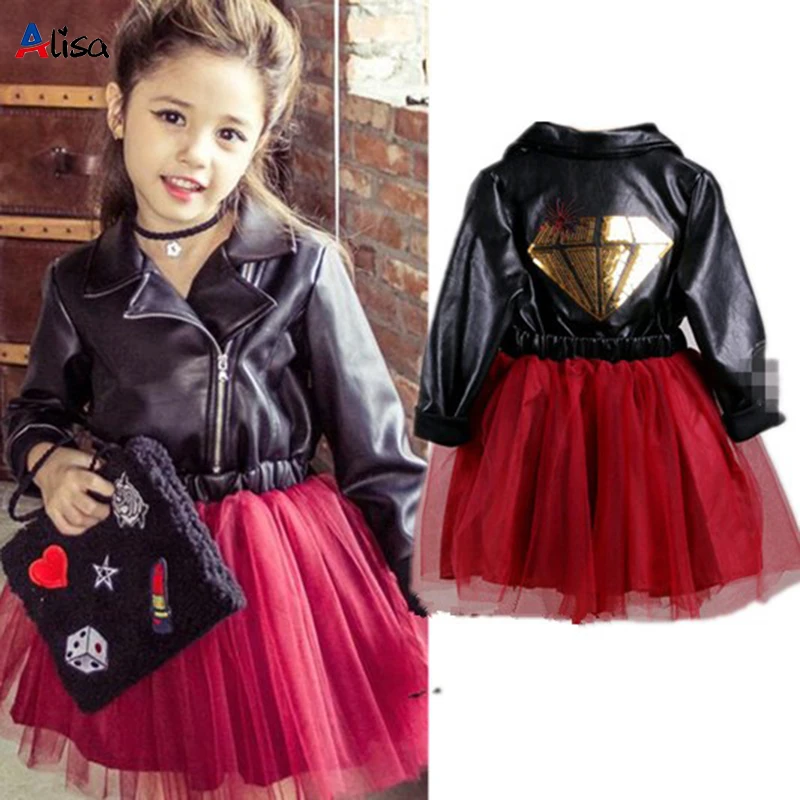 2018 New Girl Princess Leather Dress Party tutu veil red sequined dress Diamond Kids Clothes Birthday wedding | Детская одежда и