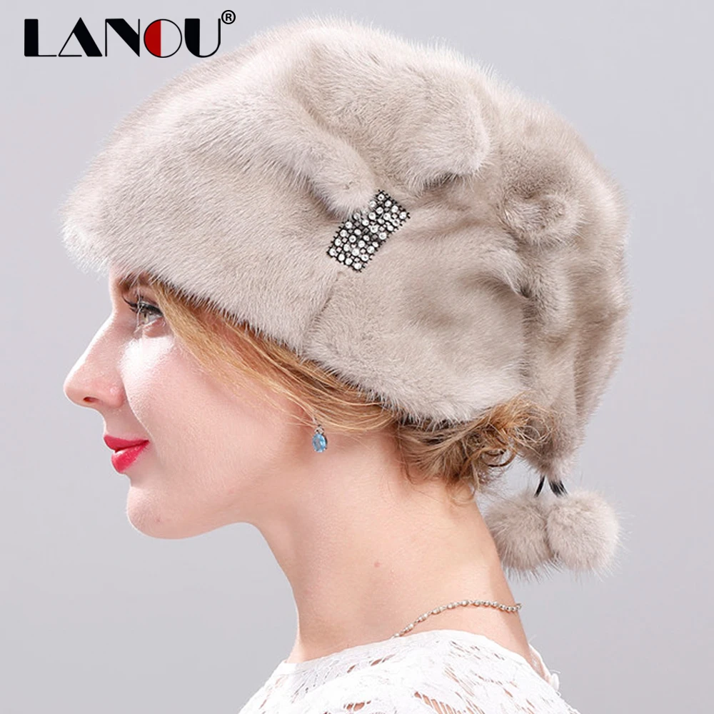 Для женщин зимние Шапки 100% натуральный норки Мех животных Шапка-бини с помпоном