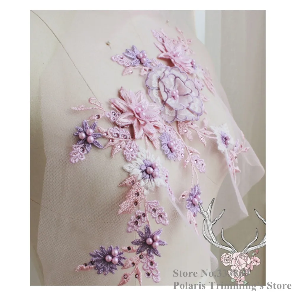 Handmade Pink Purple Beaded Pearled Rhinestoned 3D Flower Embroidery Organza Lace Applique Collar Patches Neckline 3pcs/lot M25C | Дом и сад