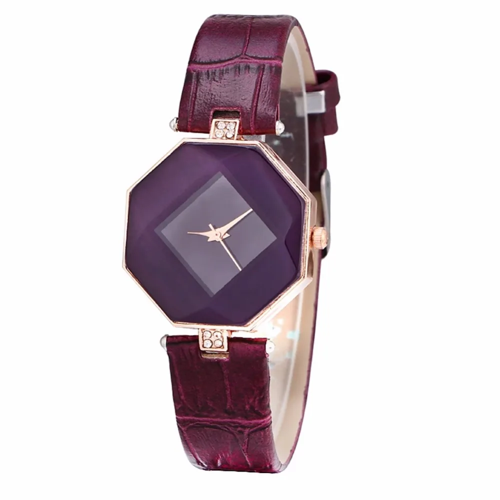 Женские кварцевые часы с кожаным ремешком модные Octagon ромб Циркон Бизнес