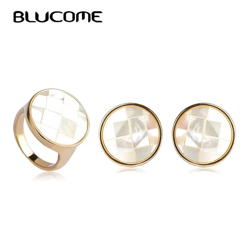 Blucome ювелирные комплекты dubai Круглый сетки ушка в виде ракушки французские крючки Brincos Aretes Aneis для женщин Свадебные цепочки и ожерелья серьги кольцо комплект