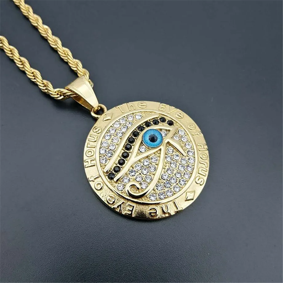 Фото Egyptian Eye of Horus Necklace Pendant & Chain For Men Women Gold Color Stainless Steel Round Hiphop Ancient Egypt Jewelry N1238 №4