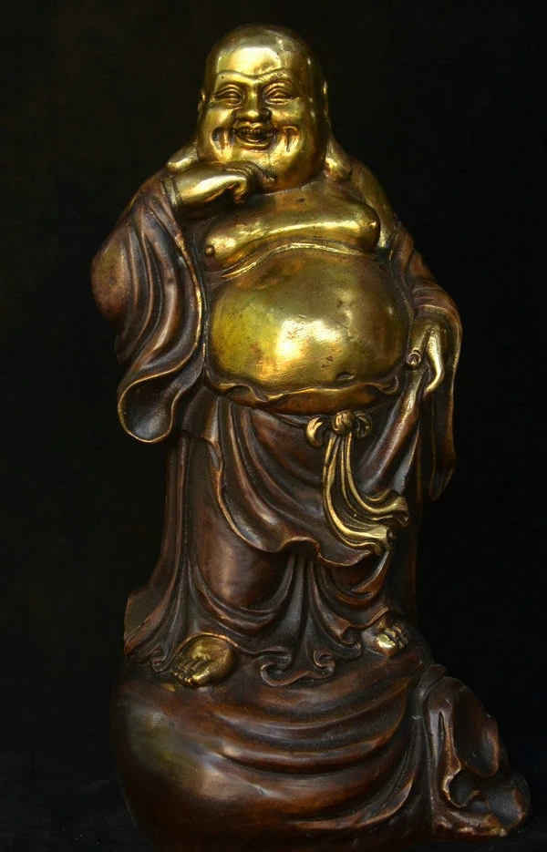 

China Buddhism Temple Bronze Gilt Happy Laugh Maitreya Buddhas Bag Wealth Statue