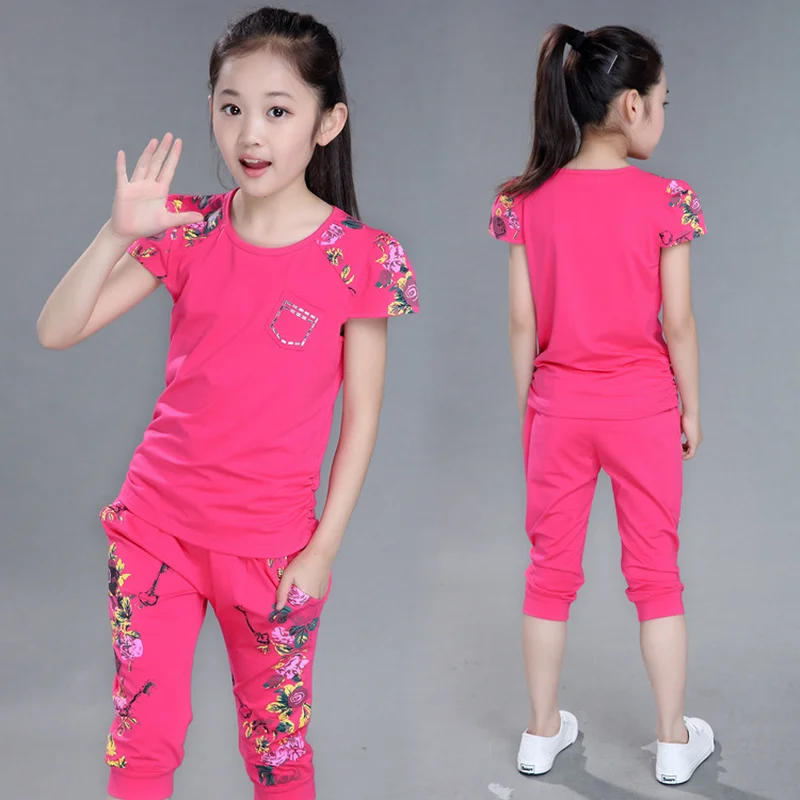 Летний спортивный костюм для девочек футболка с коротким рукавом и штаны