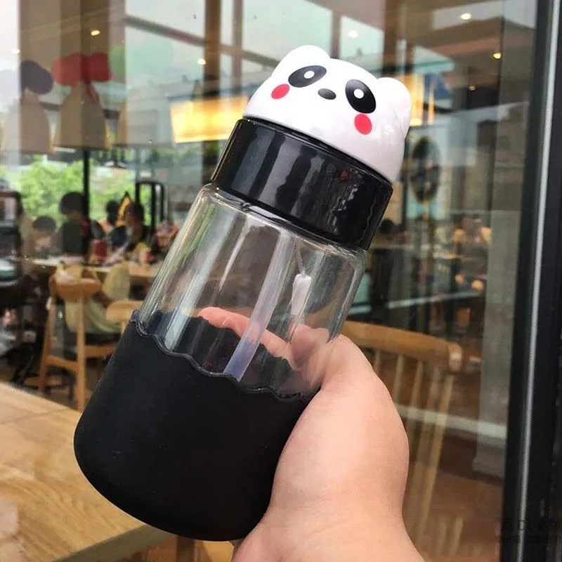 Black Panda Стеклянная детская чашка, бутылка для воды, молочный Утконос, милый малыш, портативный светильник, 320 мл, цветная соломенная чашка для напитков - Цвет: Black Panda