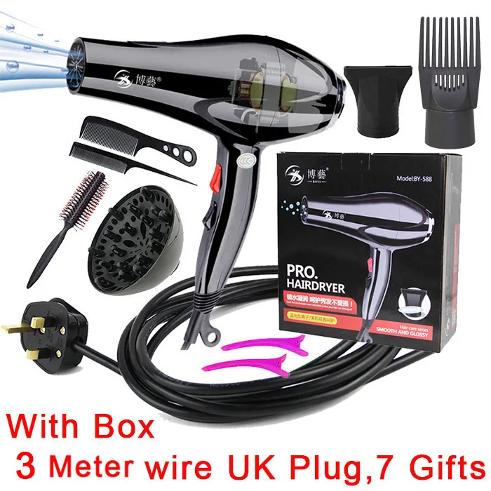 3M UK with 7 Gifts BY-588AC 2100 Вт высокой мощности AC мотор для фена для парикмахерских салонных инструментов фен с низким уровнем шума фен для волос - Цвет: 3M UK with 7 Gifts