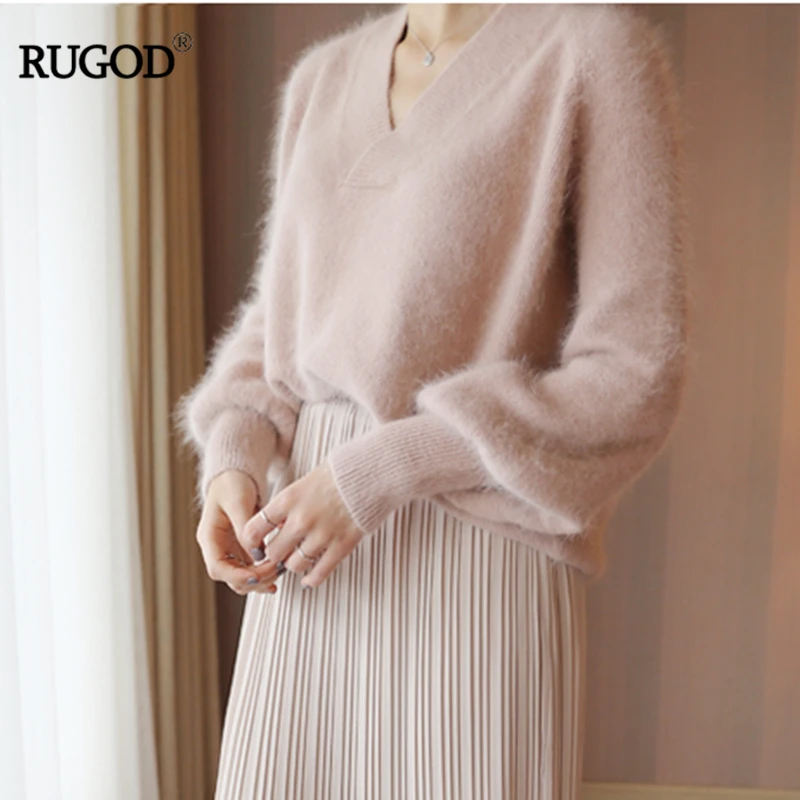 RUGOD Women Mink Cashmere Elegant Charming Soft Knitted Sweater V-Neck Lantern Sleeve Office Lady Loose Solid Female | Женская одежда