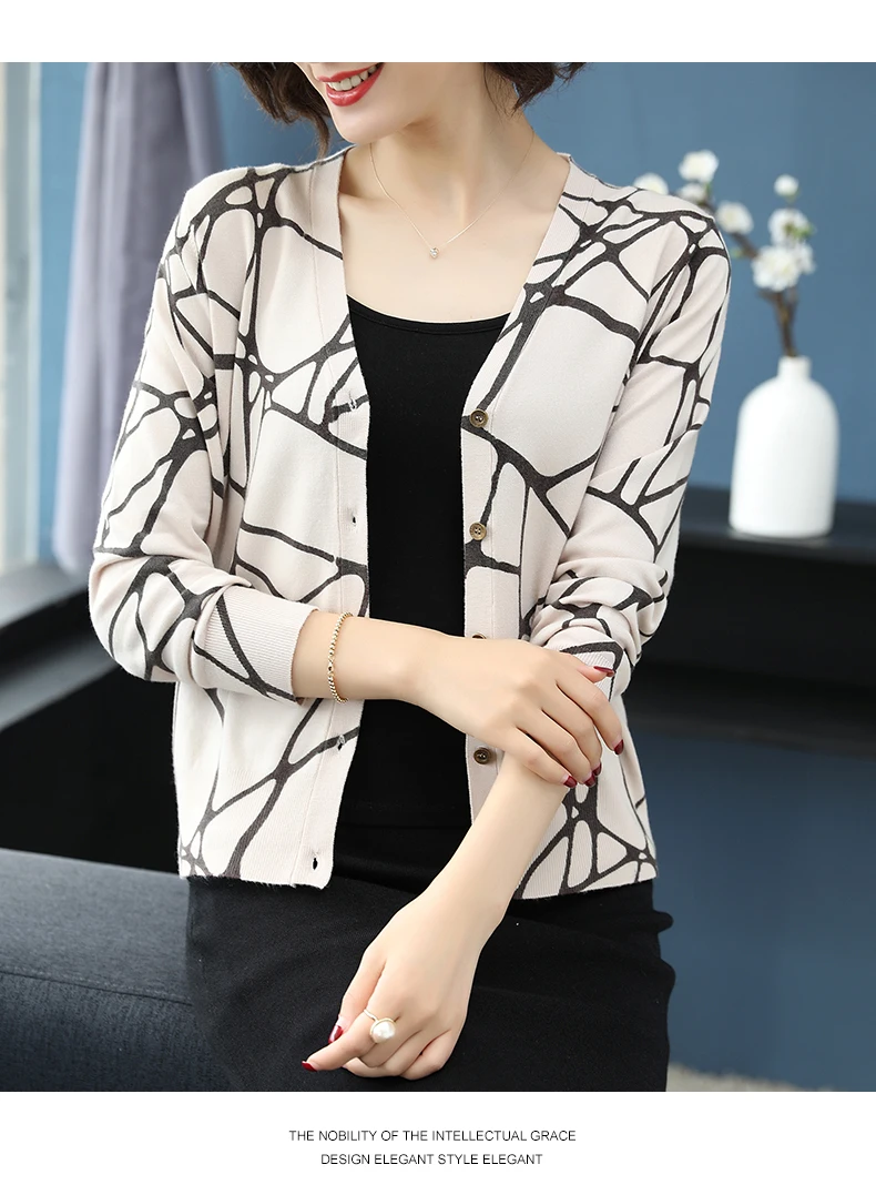 ASLTW Autumn Printed Sweater Women New Fashion Geometric V Neck Cardigan Female Plus Size Knitted Top Jumper Sweater