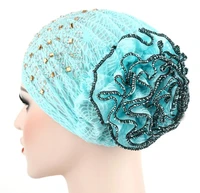 2022 women flower muslim hair loss cap turban hat cancer elastic fashion chemo hot drilling cotton head wrap solid color hat