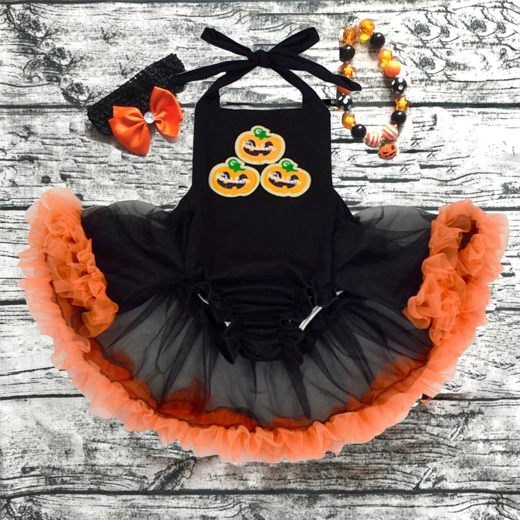 

wholesale 2021 new design Baby Girl halloween Romper Pretty Romper dress with headband and necklace set newborn girl rompers