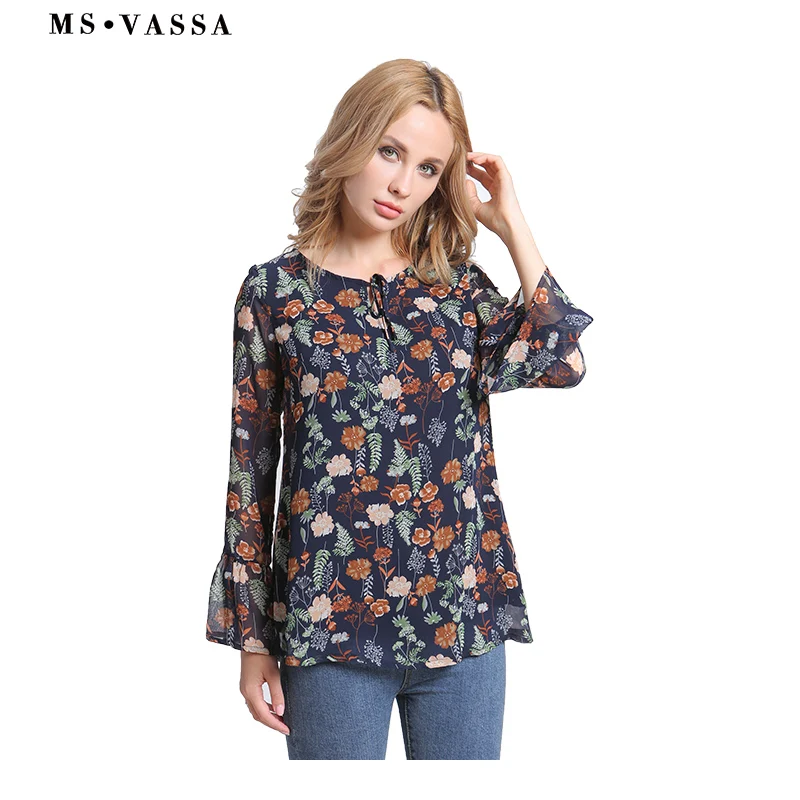 MS VASSA Новые поступления Для женщин блузки 2018 лето цветочные рубашки с длинным