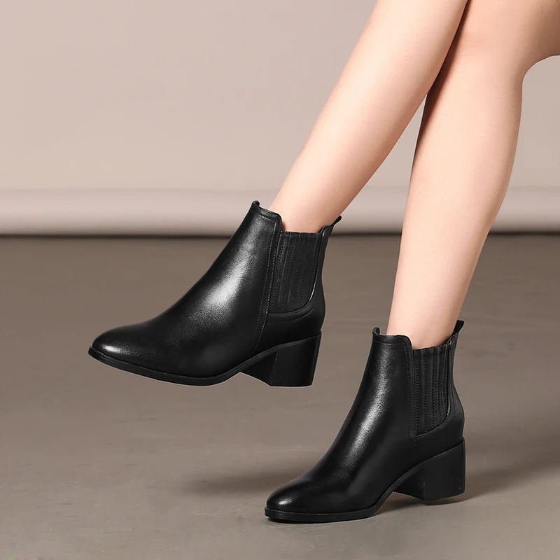 

WETKIS High Heels Ankle Boots Women Chelsea Boots Autumn 2018 Fashion High Neck Shoes Ladies Winter Short Plush Leather Footwear