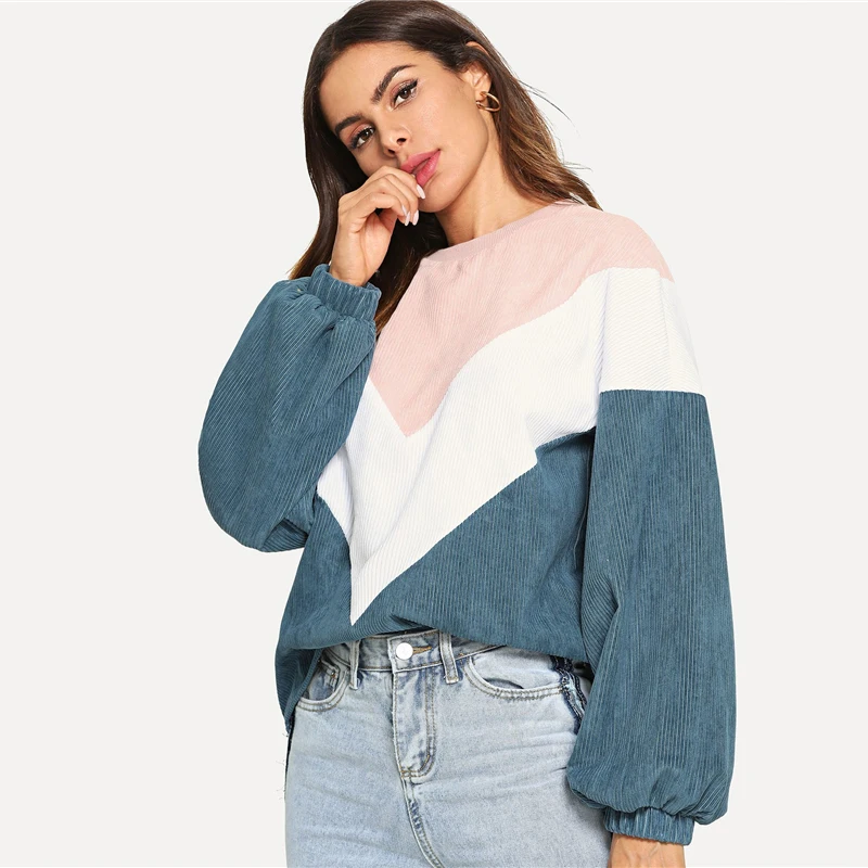 SHEIN разноцветная толстовка с вышивкой и шевроном, элегантный дизайн, круглый вырез, рукава Бишопа, пуловеры, женские осенние цветные толстовки