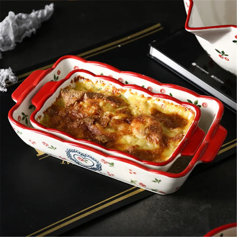 KINGLANG Cherry rectangular baking dish oven home ceramics binaille cheese risotto Italian lasagna |