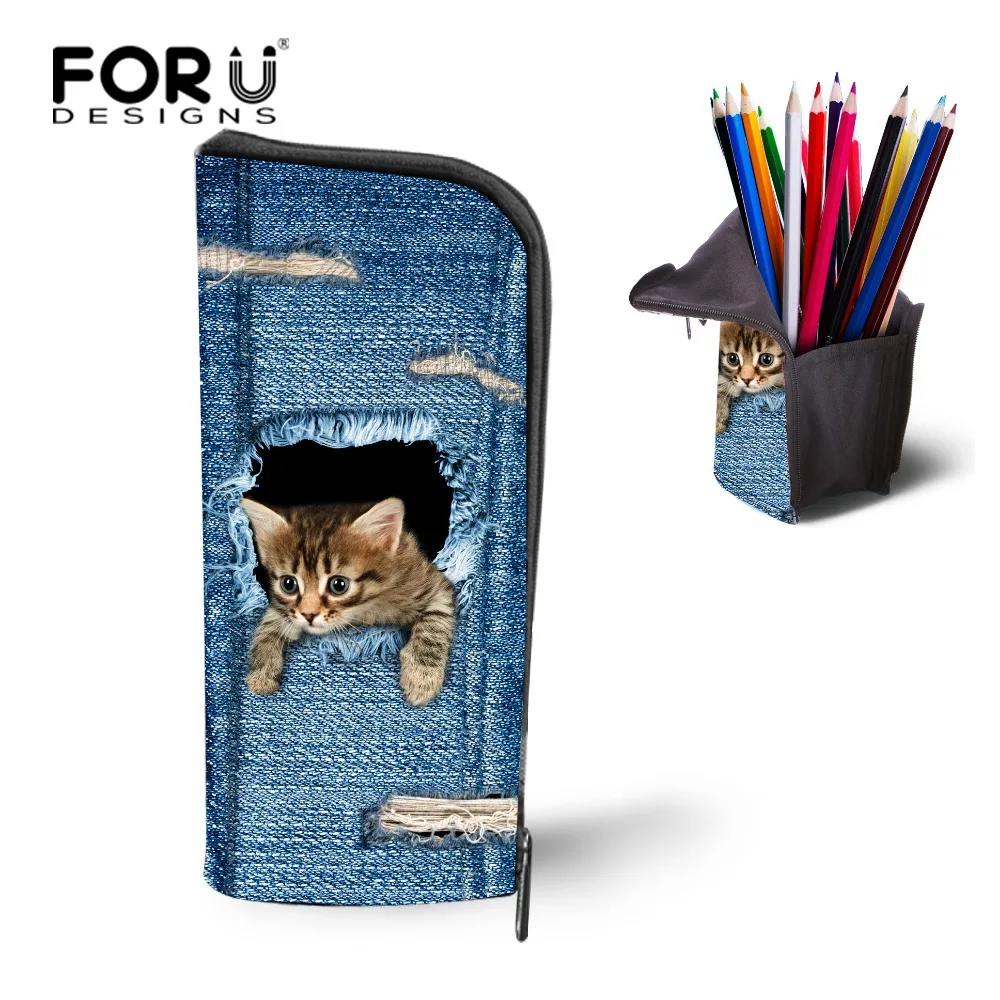 Милый чехол карандаш FORUDESIGNS с животными кошками косметичка из денима для макияжа