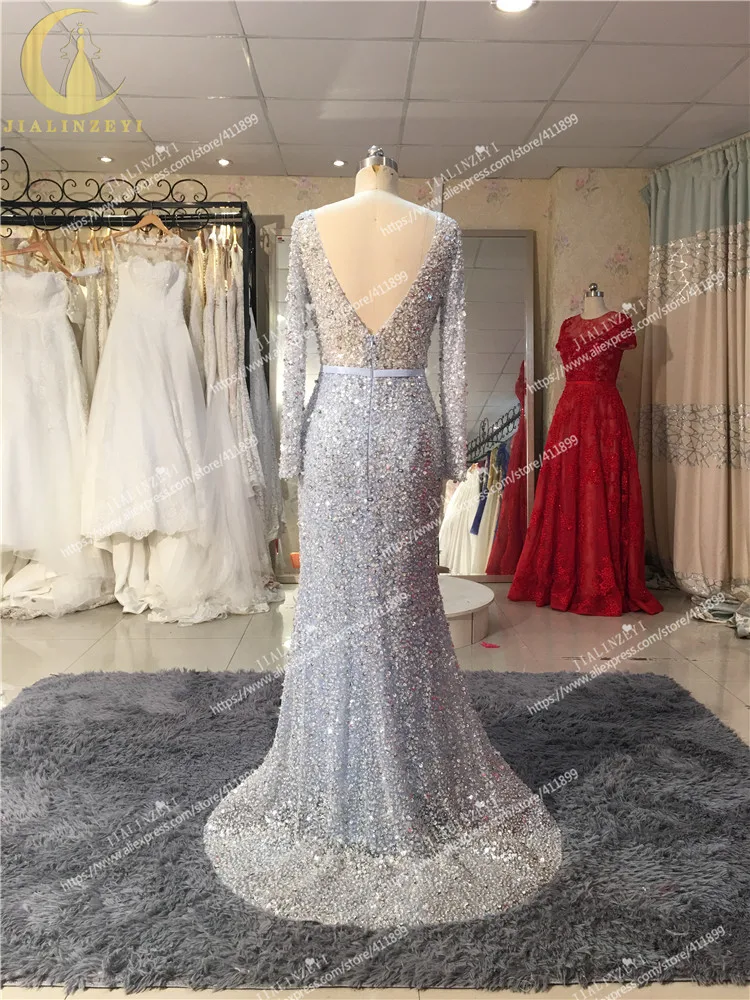 

Hot Sale Real Sample Image Rhine Sky Blue Long Sleeves Full Hand Work Sequins Luxurious Mermaid Dress for Party Evening Dresses