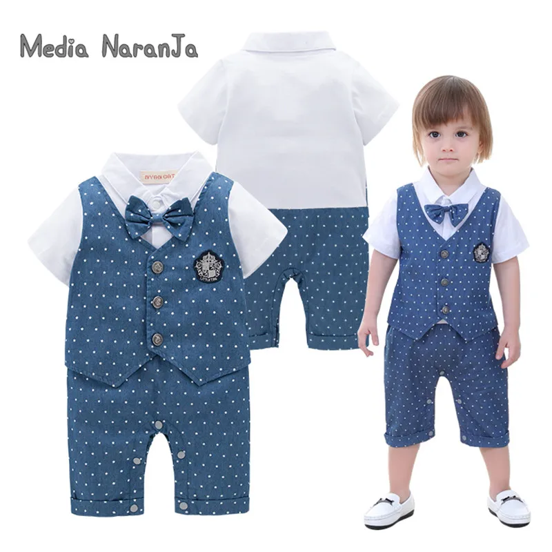 

Baby boy clothes romper summer short sleeves white dot toddler infant blue gentleman bow tie jumpsuit costume clothing
