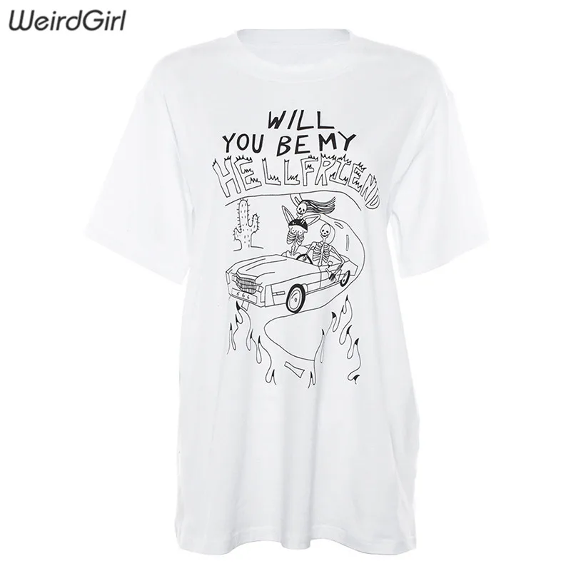 Weirdgirl/женские модные футболки с рисунком из мультфильма и буквенным принтом; свободные женские футболки с круглым вырезом и коротким рукавом; Летние растягивающиеся летние футболки; Новинка - Цвет: Белый