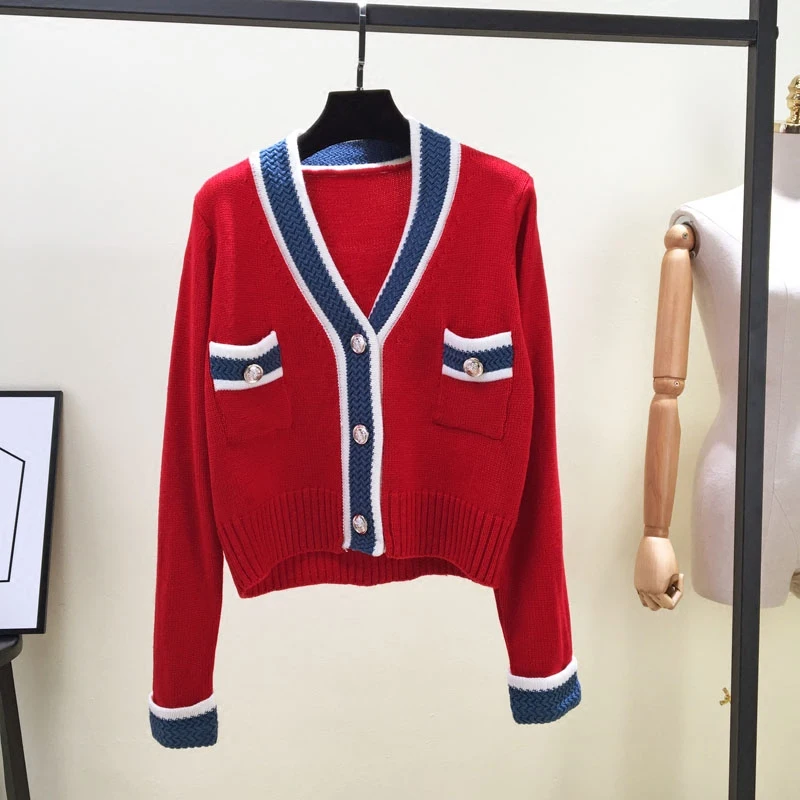 Женский вязаный кардиган с карманами в полоску корейский стиль 2018 |
