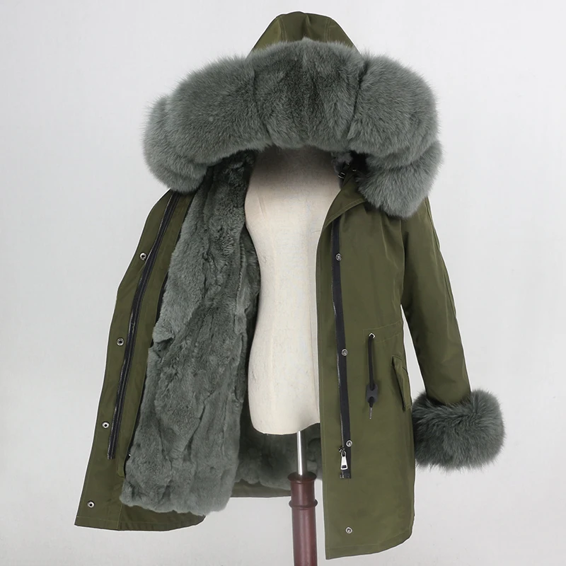 green light green OFTBUY Long Waterproof Parka Real Fur Coat Natural Fur Collar Hood Winter Jacket Women Rabbit Fur Liner Thick Warm Detachable - Цвет: green light green