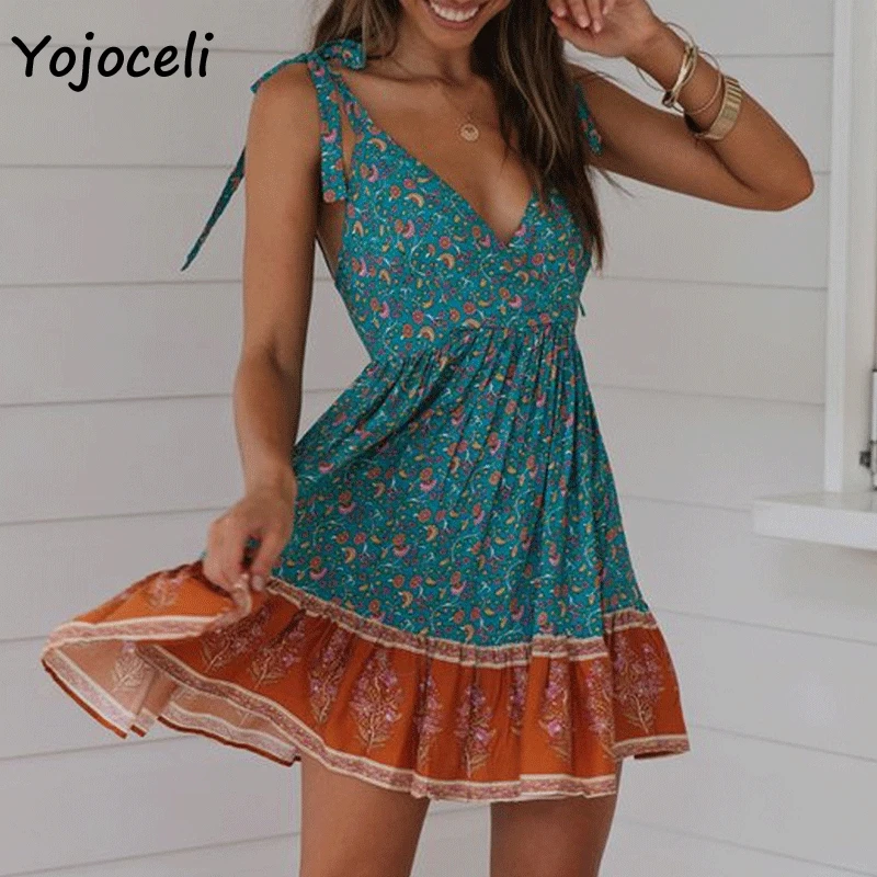 Yojoceli boho платье с пляжным цветочным принтом женское 2019 летнее v-образным вырезом и