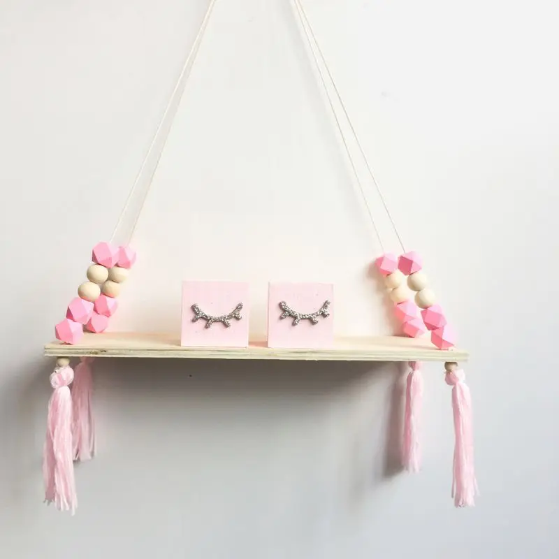 

2021 New Hot Nordic Style Kids Baby Room Wooden Beads Tassel Wall Shelf Room Storage Organization swing shelf Wall Hanging Decor