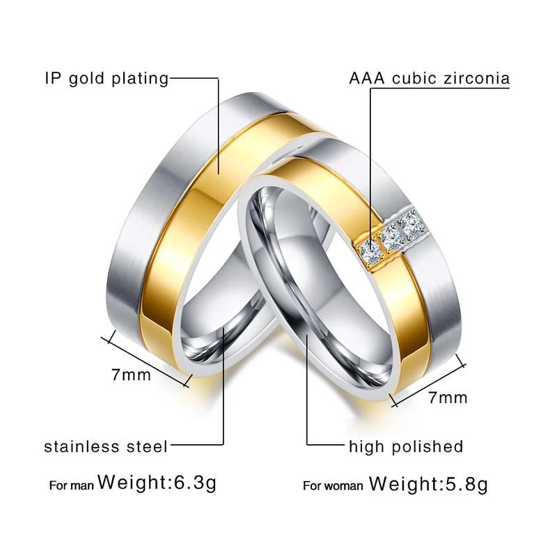 Мужское и женское кольцо из нержавеющей стали 7 мм набор золотистого