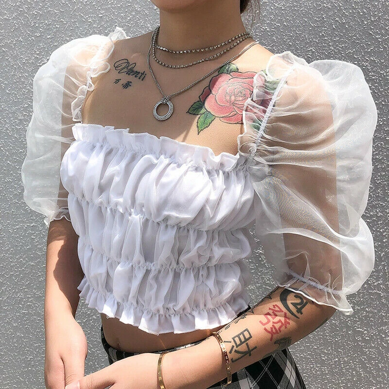 Женская элегантная футболка короткий топ с рукавами-фонариками винтажный