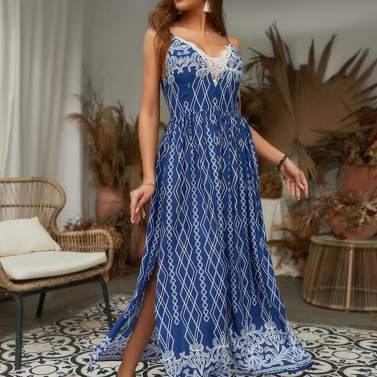 Женское платье с принтом Boho кружевное пляжное на тонких бретельках платье-макси