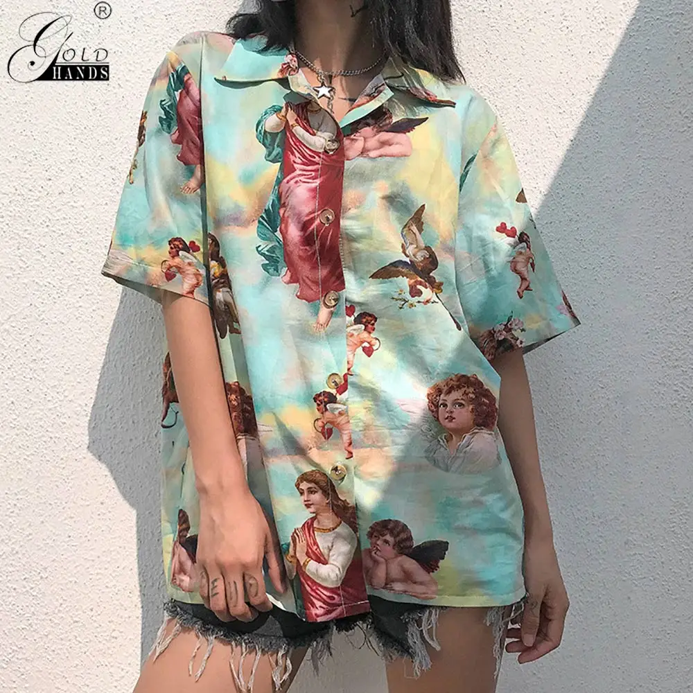 Gold Hands Vintage Aesthetic Cupid Angel Print Women Blouse Shirt Cardigan Short Sleeve Summer Tops Graphic Button | Женская одежда