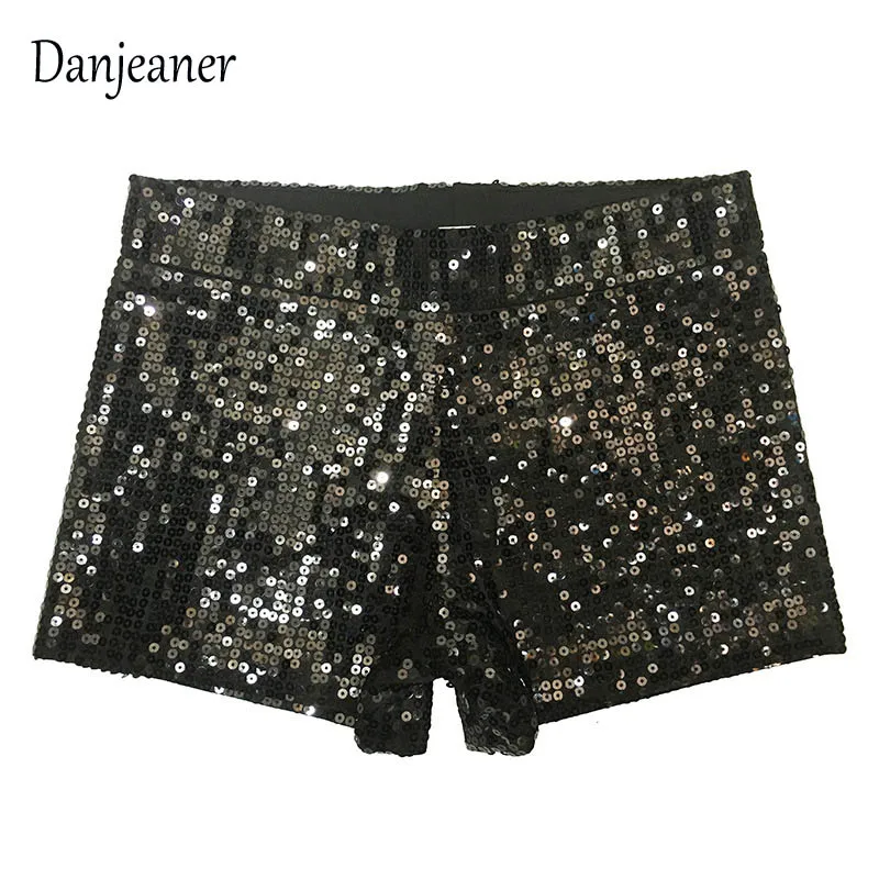 Женские шорты с блестками DANJEANER эластичные высокой талией серебристые черные
