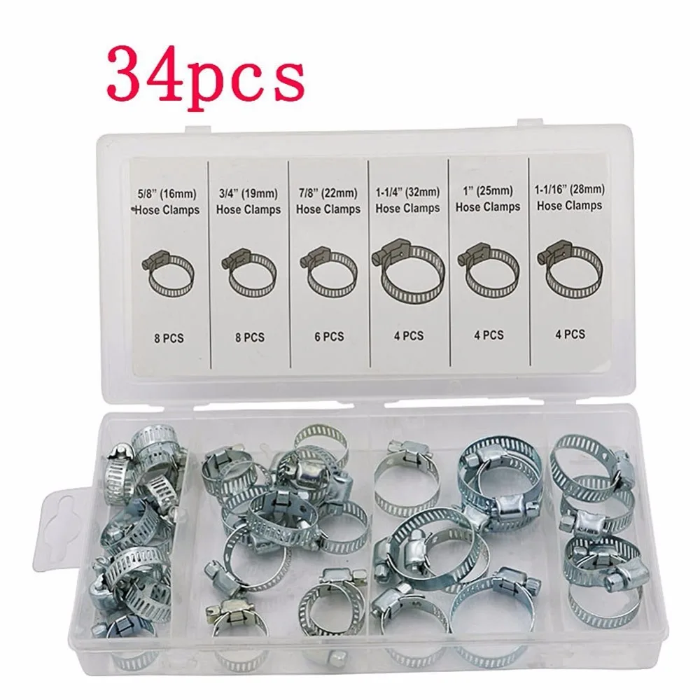 

arbon Steel Worm Gear Adjustable Hose Clamps Assortment 16-32mm 34Pcs