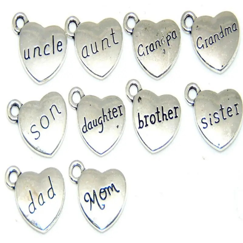 

Family Charms Theme Heart Vintage Alloy Dad Mom Son Daughter Aunt Uncle Sister Brother Pendant For Jewelry Making Bracelet Gifts